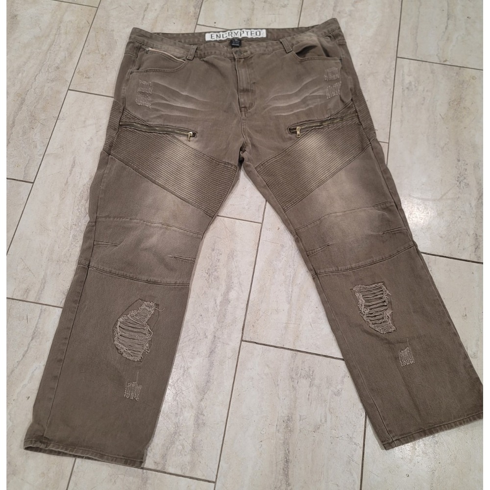 Encrypted supply company olive green jeans size 50 destressed front wiskers